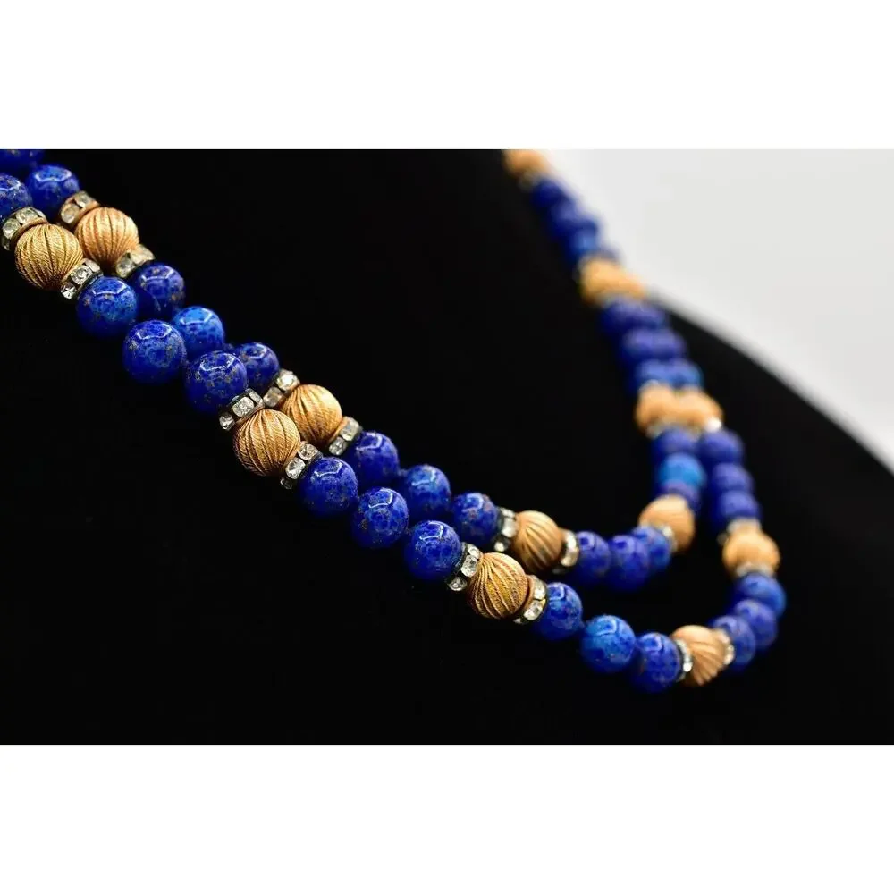 Vintage Lapis Lazuli Collar Beaded Necklace Layered Gold Tone Crystal 70s BinBD